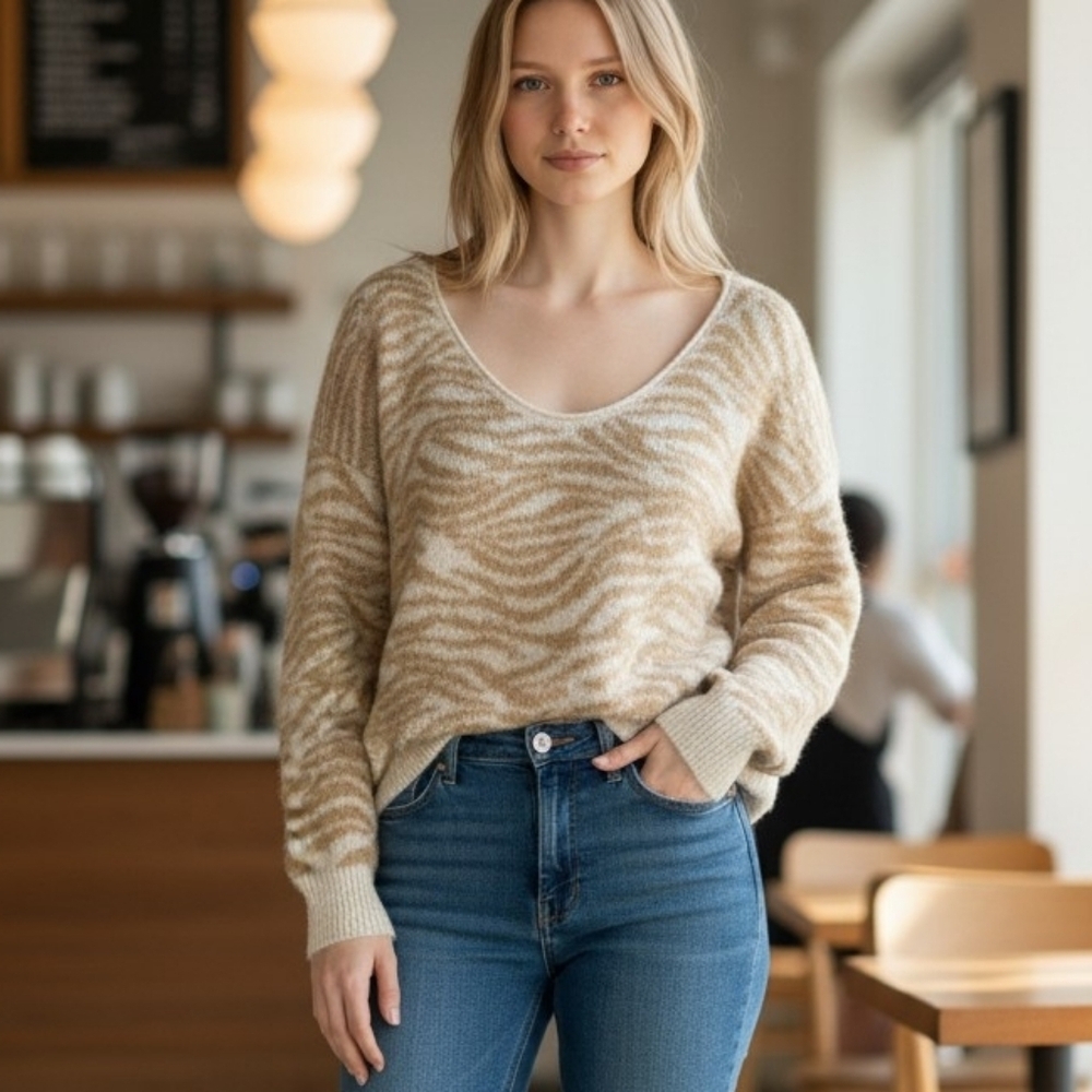 Abercrombie & Fitch Women's Medium Scoop Neck Striped Animal Print Fuzzy Sweater